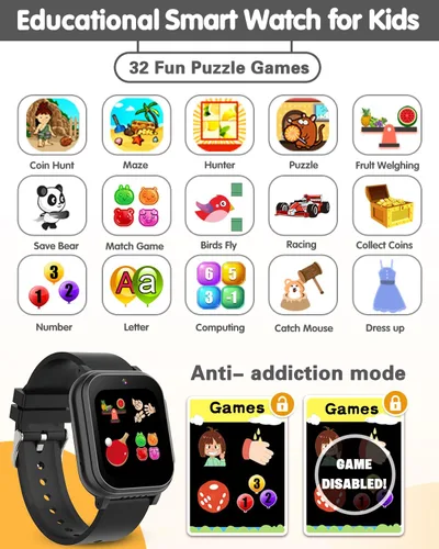 Miniatura 3 de Reloj Inteligente Impermeable para Niños Juguetes para Niños de 5-12 Años con 32 Juegos, Cámara Dual, Seguimiento de Hábitos, Reproductor de Música