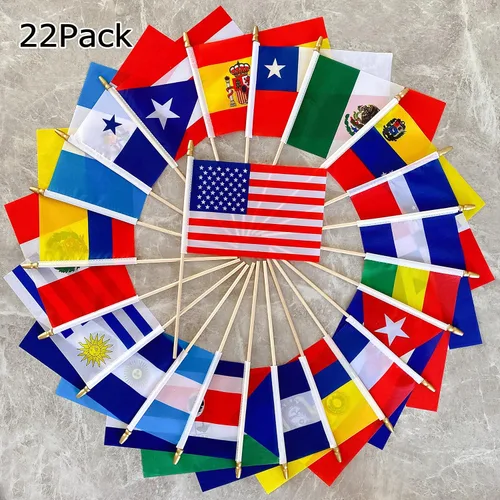 Miniatura 6 de Banderas de habla hispana de 22 países en palo de madera, pequeñas mini banderas latinoamericanas de mano para decoraciones del mes hispano, 5 x 8