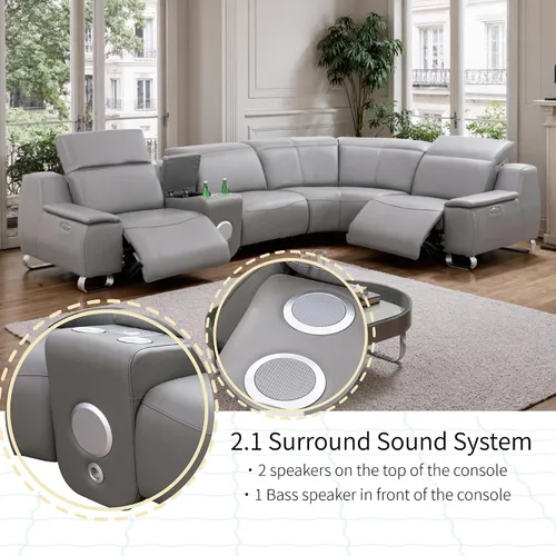 Miniatura 4 de Juego seccional de cuero de grano superior para sala de estar, puerto de carga USB, sillón reclinable eléctrico convertible para casa, sala