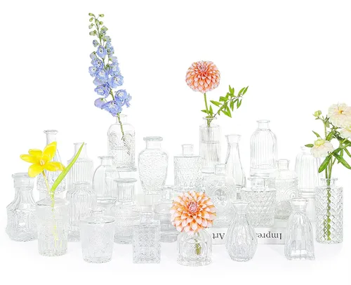 Miniatura 16 de SUPMIND Juego de 12 jarrones de cristal, pequeños jarrones de flores verdes para centros de mesa a granel, mini jarrón vintage para boda, hogar