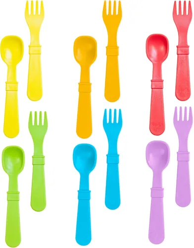 Re-Play Juego de tenedores y cucharas para niños pequeños, juego de utensilios de 6 x 6 pulgadas para niños, apto para lavavajillas y microondas,