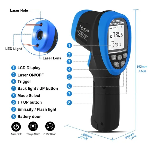 Miniatura 6 de BTMETER BT-1500 - Pistola de pirómetro láser industrial sin contacto 30:1, termómetro láser de temperatura alta infrarroja, -58℉ a 2732℉