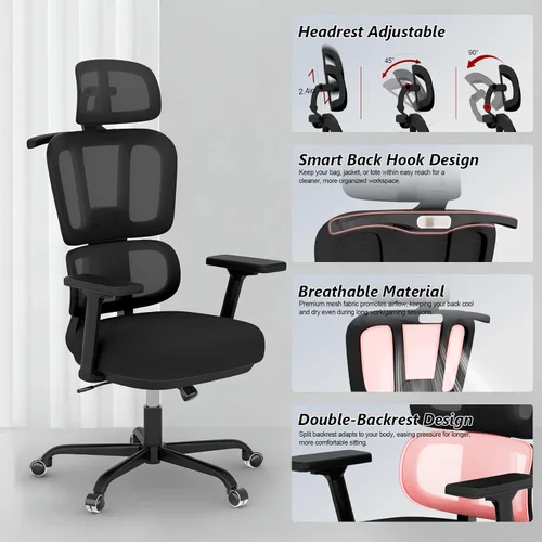 Miniatura 3 de Silla de oficina con respaldo alto, silla de escritorio de malla, silla ergonómica para computadora con reposacabezas, reposabrazos ajustables 3D