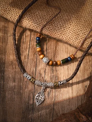 Miniatura 5 de MINACHI Layered Boho Wood Bead Choker Necklace, Hollow Flower Charm, Personality Jewelry for Men and Women