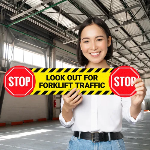 Miniatura 4 de Calcomanía de suelo con texto en inglés "Stop Look Out for Forklift Traffic", 26 x 6 pulgadas, adhesivo antideslizante, fabricado en Estados Unidos