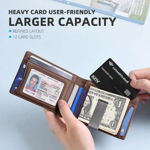 Miniatura 102 de Zitahli - Billetera delgada con 12 ranuras para tarjetas, ventana de identificación con clip para dinero, bolsillo frontal RFID plegable, pequeña