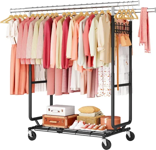 Hoctieon Perchero de doble varilla de montaje en 2 minutos, estante resistente para ropa con ruedas, plegable para uso comercial, barra extensible
