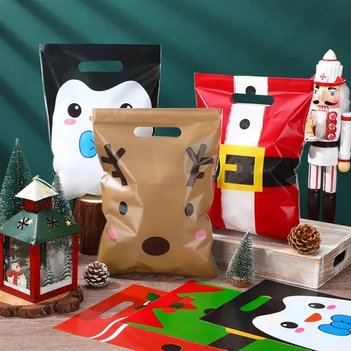 Miniatura 2 de Sinmoe 200 piezas bolsas de plástico de Navidad a granel, bolsa de regalo de mercancía de Navidad con asa de 9" x 12", reutilizable, bolsa