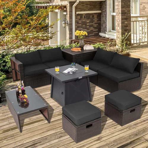 Miniatura 3 de Tangkula Juego de muebles de patio de 9 piezas con mesa para fogata de propano de 30 pulgadas, juego de sofá modular de mimbre de polietileno