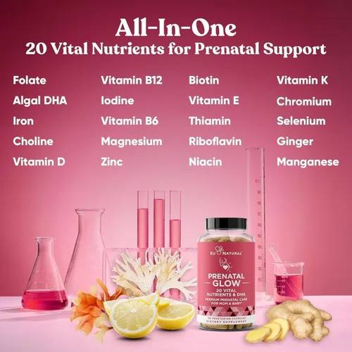 Miniatura 3 de Glow Vitaminas prenatales + folato & DHA – Multivitamínico para nutrir el embarazo, para bebés y mamá saludables – Ácido fólico, jengibre, zinc