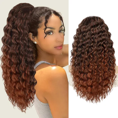 Miniatura 7 de AISI BEAUTY Extensión de cola de caballo rizada, 16 pulgadas, color marrón y negro, extensión de cola de caballo para mujeres negras, extensiones
