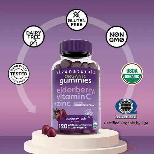 Miniatura 7 de Viva Naturals Gomitas orgánicas de saúco Sambucus para adultos (120 unidades) – Gomitas de apoyo inmunológico de vitamina C y zinc de saúco 3 en 1