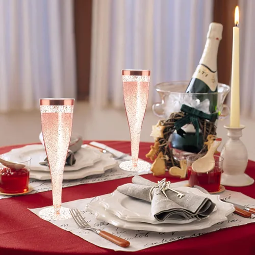 Miniatura 5 de Copas de champán desechables, 6 piezas de purpurina de oro rosa con borde de oro rosa, copas de champán de plástico para fiestas, copas de champán