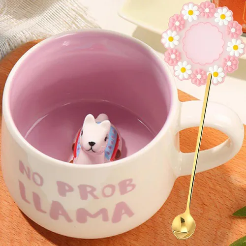 Arawat Bonita taza de café de alpaca con interior de alpacas divertido estampado de alpaca, tazas de café de 11.8 fl oz con cuchara, tazas de té de