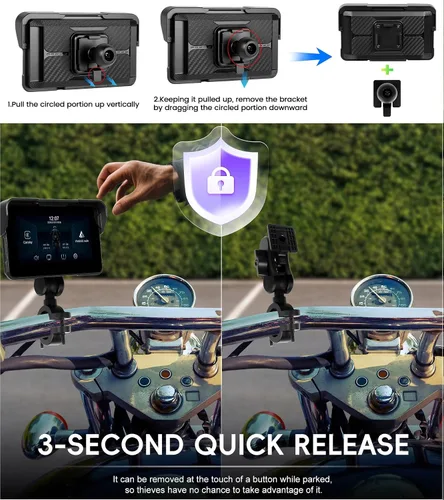 Miniatura 4 de CAMECHO Pantalla extraíble para motocicleta CarPlay y Android Auto, inalámbrico Apple Car Play portátil estéreo para moto y motocicleta, pantalla