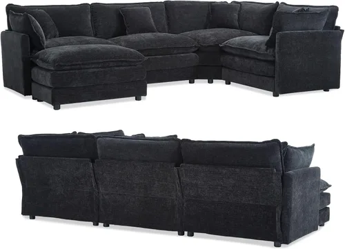 Miniatura 9 de Sofá modular Cloud seccional, moderno sofá modular en forma de L de felpilla con otomana y almohadas, sofás esquineros de asiento profundo de 5 Negro