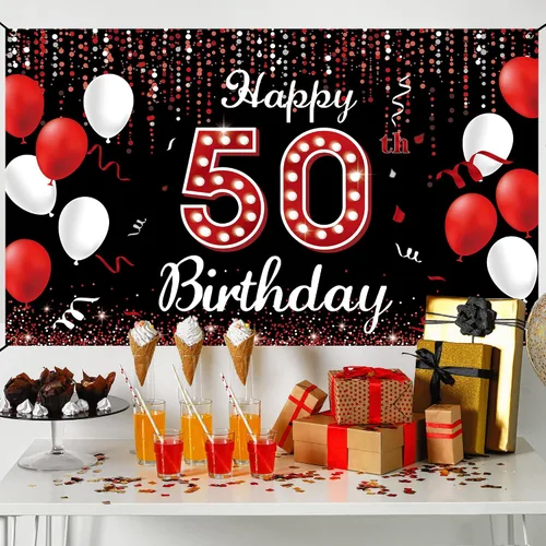 Miniatura 5 de Cartel de fondo de decoración de cumpleaños número 50, decoraciones de feliz cumpleaños 50 para mujeres, rojo, negro y blanco, cartel de fiesta