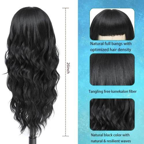 Miniatura 4 de Peluca larga negra ondulada con flequillo para mujer, 26 pulgadas, peluca sintética de aspecto natural de repuesto para uso diario, fiesta, cosplay