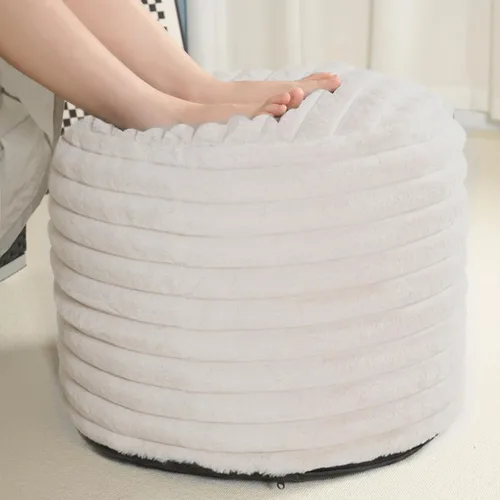 Miniatura 6 de Puf otomano de relleno redondo para reposapiés, pufs de piel sintética con relleno de trozos de espuma, cojín otomano de almacenamiento, silla