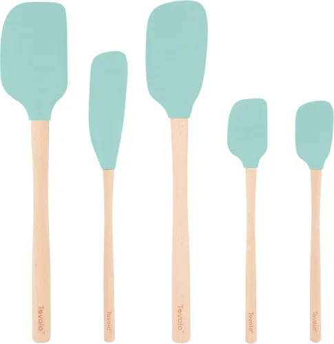 Tovolo Juego de 5 espátulas de silicona con mango de madera, juego de utensilios de cocina de silicona, espátula, raspador, mini espátula y cuchara