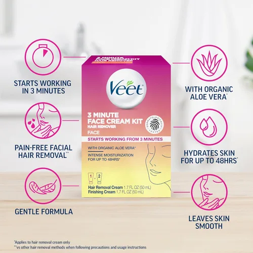 Miniatura 3 de Crema de depilación facial Veet de 3 minutos para mujeres, crema depilatoria con aloe vera orgánico, kit de depilación facial para mujeres de 2