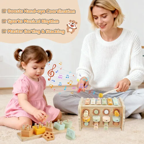 Miniatura 6 de Juguetes Montessori de madera para niños de 1 año, juguetes de clasificación y apilamiento, juguete de martilleo con xilófono y juego de pesca