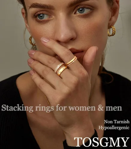 Miniatura 2 de TOSGMY Anillos de oro y plata para mujer, sin deslustre, anillos apilables modernos y delicados chapados en oro de 18 quilates, con circonita