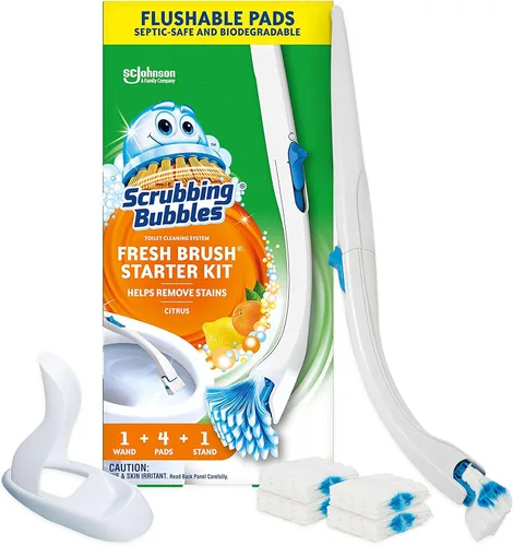 Scrubbing Bubbles Sistema de limpieza de inodoro con almohadillas de repuesto de limpiador desechables y desechables, combate los olores y ayuda a