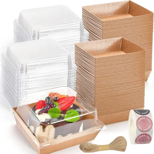 Paquete de 100 cajas de charcutería con tapas transparentes, caja de panadería de papel Kraft To Go de 5 pulgadas con 500 calcomanías, cuerda de
