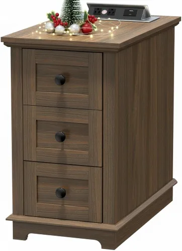 Miniatura 11 de HIFYOBRO - Mesa auxiliar con 3 cajones y estación de carga con tapa abatible, mesa auxiliar con almacenamiento, mesita de noche estrecha de madera