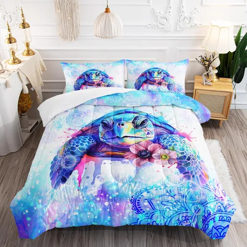 Miniatura 29 de AILONEN Lindo juego de edredón de ajolote tamaño Queen, 3 piezas para niños y niñas, ropa de cama en una bolsa, ropa de cama costera azul turquesa