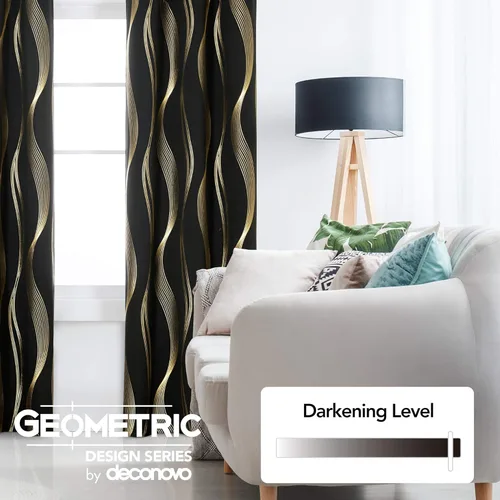 Miniatura 3 de Deconovo - Cortinas opacas con ojales y patrón estampado dorado, Negro/Onda, 52" de ancho x 84" de largo
