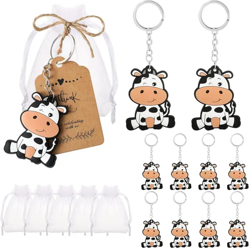 Hicarer - 36 llaveros de vaca y 36 etiquetas de papel kraft de agradecimiento con cuerda de 32.8 ft, 36 bolsas de organza blanca para vaca, baby