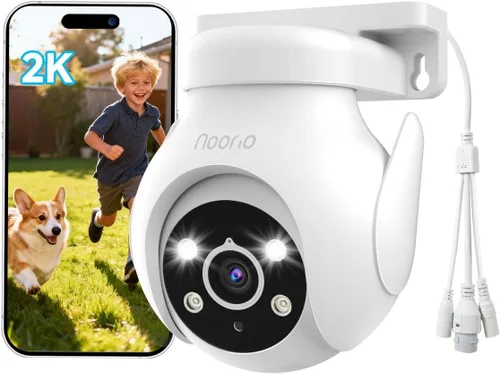 Noorio Cámara de seguridad 2K para exteriores, panorámica/inclinación de 360°, cámara de conversación bidireccional con cable para vigilancia del