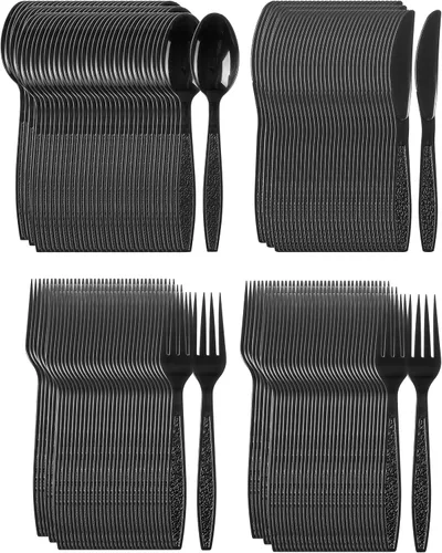 Miniatura 4 de Juego de cubiertos de plástico pesado, 200 tenedores, 100 cuchillos, 100 cucharas, combo de cubiertos desechables (negro)