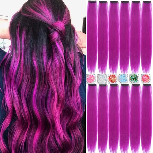 Miniatura 26 de Extensiones de cabello de colores, extensión de cabello liso con clip de 22 pulgadas, extensiones de cabello con brillantina multicolor arcoíris