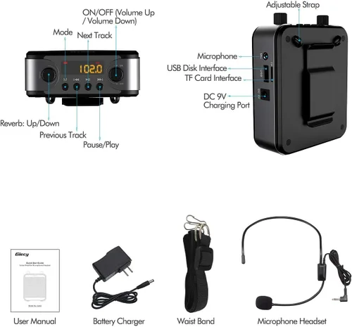 Miniatura 8 de Amplificador de voz portátil, Giecy 30W 2800mAh Bluetooth recargable amplificador de voz personal con auriculares con micrófono, altavoz de sistema