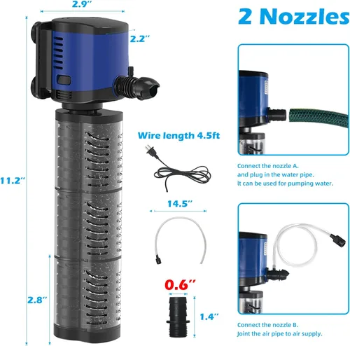 Miniatura 4 de TARARIUM Filtro de acuario potente de 260 GPH para tanque de peces de 35 a 75 galones, fuente de estanque pequeña, bomba de agua sumergible