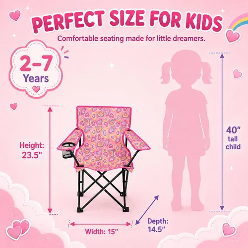 Miniatura 2 de Emily Rose Silla de playa plegable para niños con soporte para tazas, bloqueo de seguridad y estuche de transporte a juego (corazones juguetones)