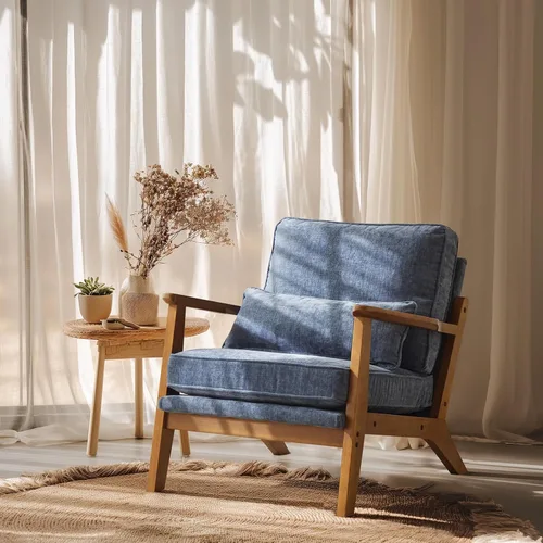 Miniatura 10 de VINGLI Silla de Acento de Madera Maciza con Reposabrazos Anchos, Silla Moderna Tapizada de Mediados de Siglo con Almohada, Cómoda Silla de Lectura
