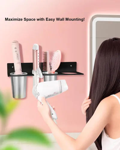 Miniatura 5 de Organizador de herramientas para el cabello, soporte para secador de pelo con copas de acero a prueba de calor, organizador de tocador acrílico