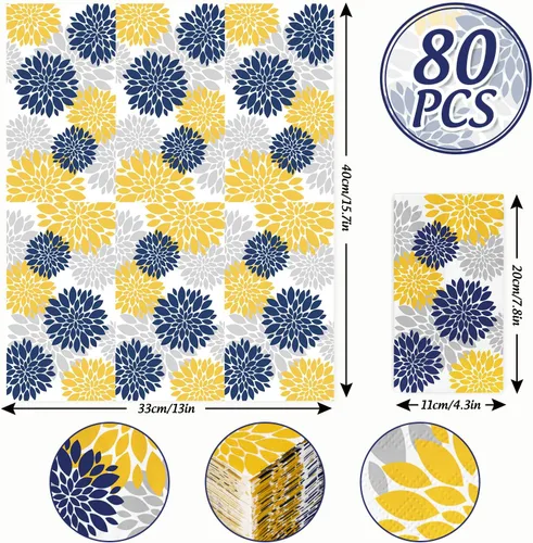 Miniatura 2 de 80 servilletas de papel de Dalia para invitados, azul marino, amarillo, plateado, flores, servilletas de baño, modernas y elegantes, desechables