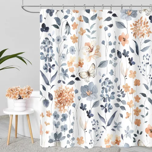 Miniatura 13 de MAYZUS Cortina de ducha con flores azules acuáticas, lindas cortinas de tela con flores para baño, juego de cortinas de tela de aguamarina