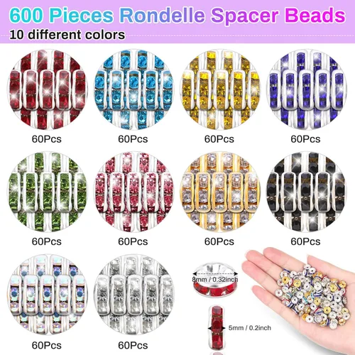 Miniatura 3 de Cuentas espaciadoras redondas para hacer joyas, 600 piezas de cuentas espaciadoras con diamantes de imitación, separadores de cuentas de cristal