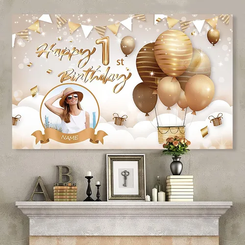 Miniatura 4 de Cartel de feliz cumpleaños beige personalizado para telón de fondo grande de feliz cumpleaños, globo aerostático, fiesta, interior y exterior