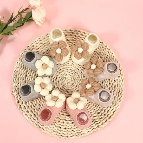 Miniatura 2 de Paquete de 4 calcetines para bebé, con empuñaduras antideslizantes de flores para bebés y niños pequeños, calcetines tobilleros de corte bajo