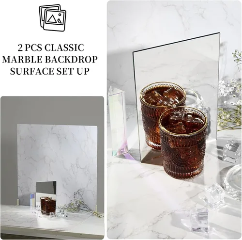 Miniatura 6 de BEIYANG Telones de fondo de fotografía de alimentos de 24 x 24 pulgadas, tableros de fondo de fotos de mármol blanco con 3 kits de soporte, tablero