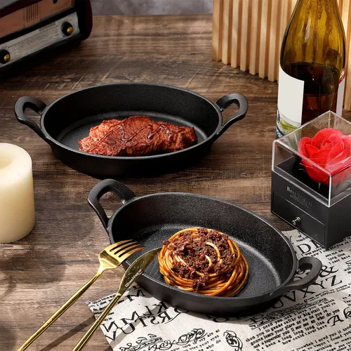 Miniatura 3 de Mifoci Paquete de 2 mini fajitas de hierro fundido, 8.5 x 6.1 pulgadas, sartén ovalada para carne, juego de moldes pequeños, cacerola negra