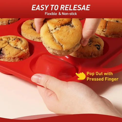 Miniatura 4 de 12 Tazas Molde para Muffins de Silicona con Marco Reforzado de Metal, Molde Regular para Cupcakes, Bandeja para Huevos, Moldos Circulares de Rojo