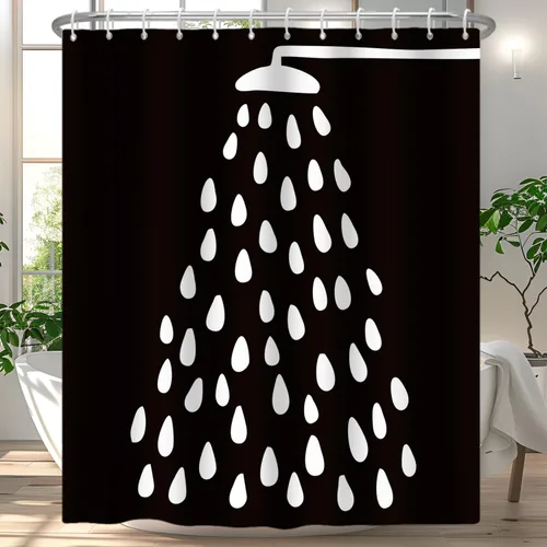 Cortina de ducha en blanco y negro, divertido cabezal de ducha y gotas de agua, cortinas de ducha para baño, lavable a máquina, cortina de tela de